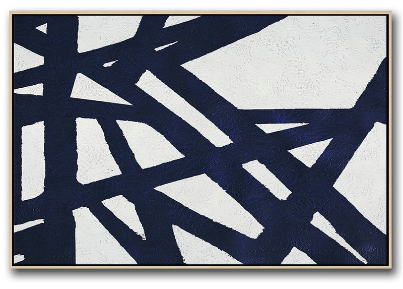 Acrylic Painting On Canvas,Horizontal Abstract Painting Navy Blue Minimalist Painting On Canvas,Large Paintings For Living Room